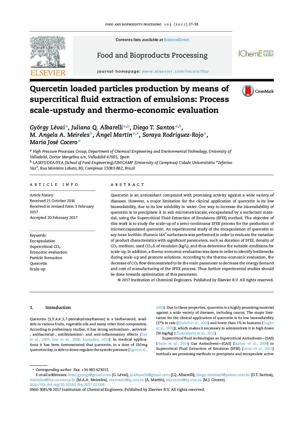 Quercetin loaded particles production by means of supercritical fluid extraction of emulsions: Process scale-upstudy and thermo-economic evaluation
