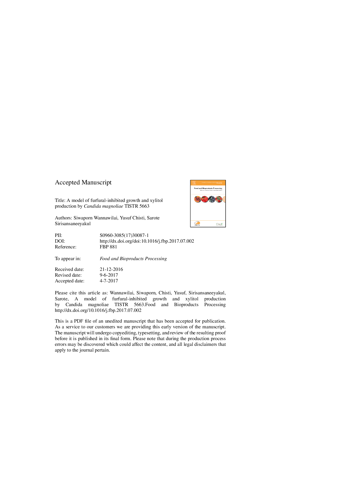 A model of furfural-inhibited growth and xylitol production by Candida magnoliae TISTR 5663