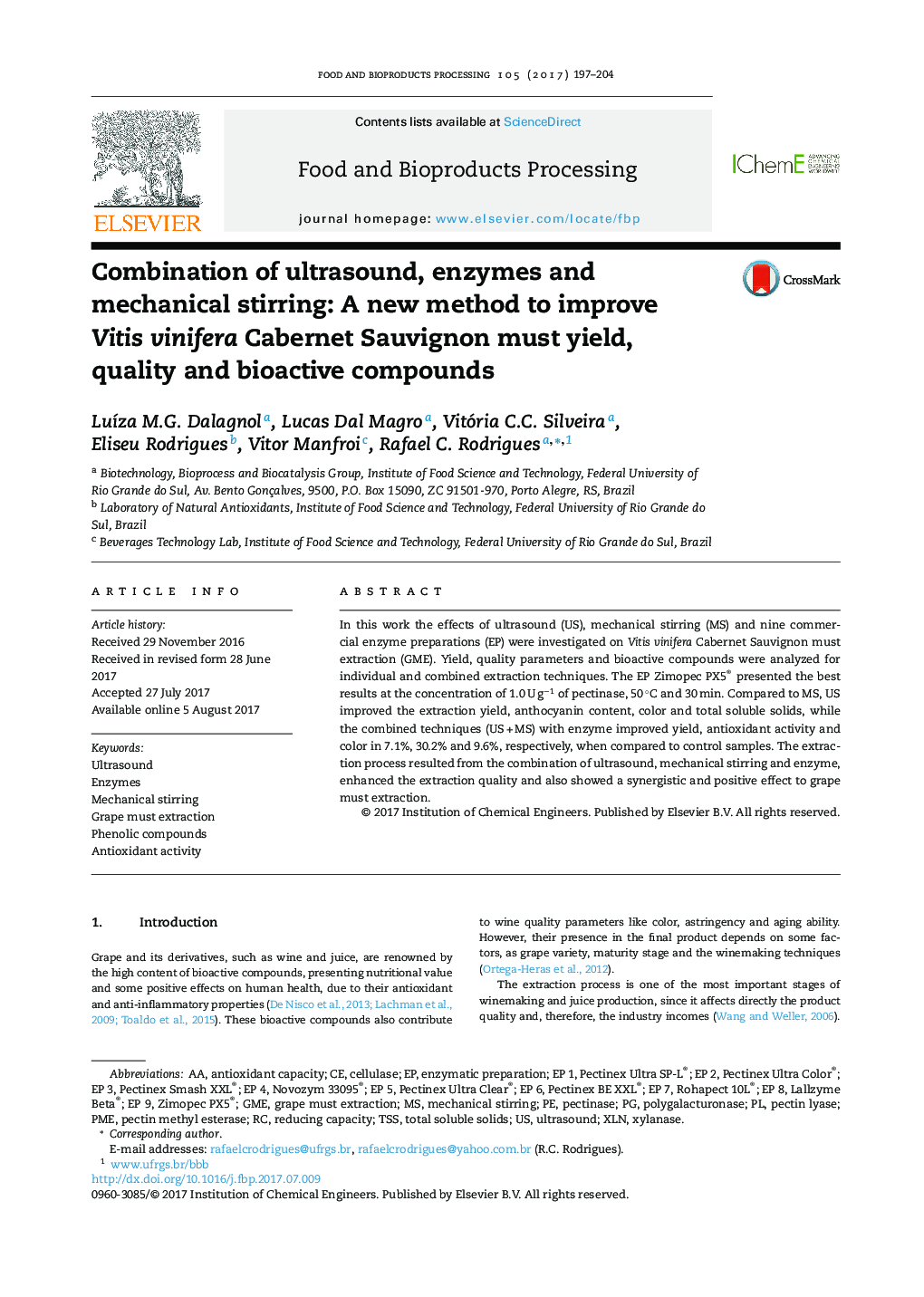 Combination of ultrasound, enzymes and mechanical stirring: A new method to improve Vitis vinifera Cabernet Sauvignon must yield, quality and bioactive compounds