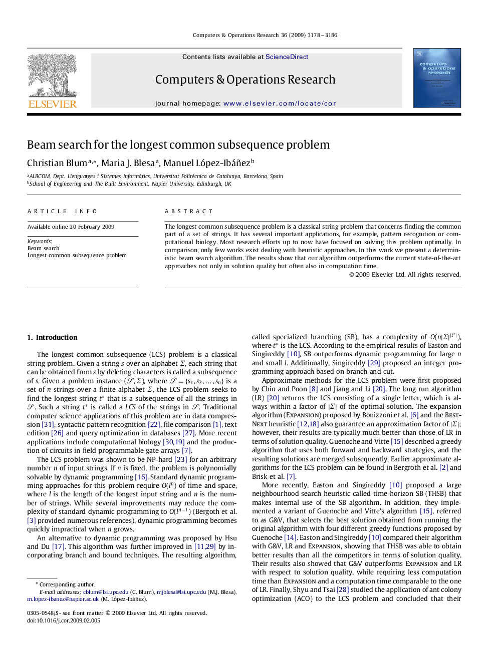 Beam search for the longest common subsequence problem