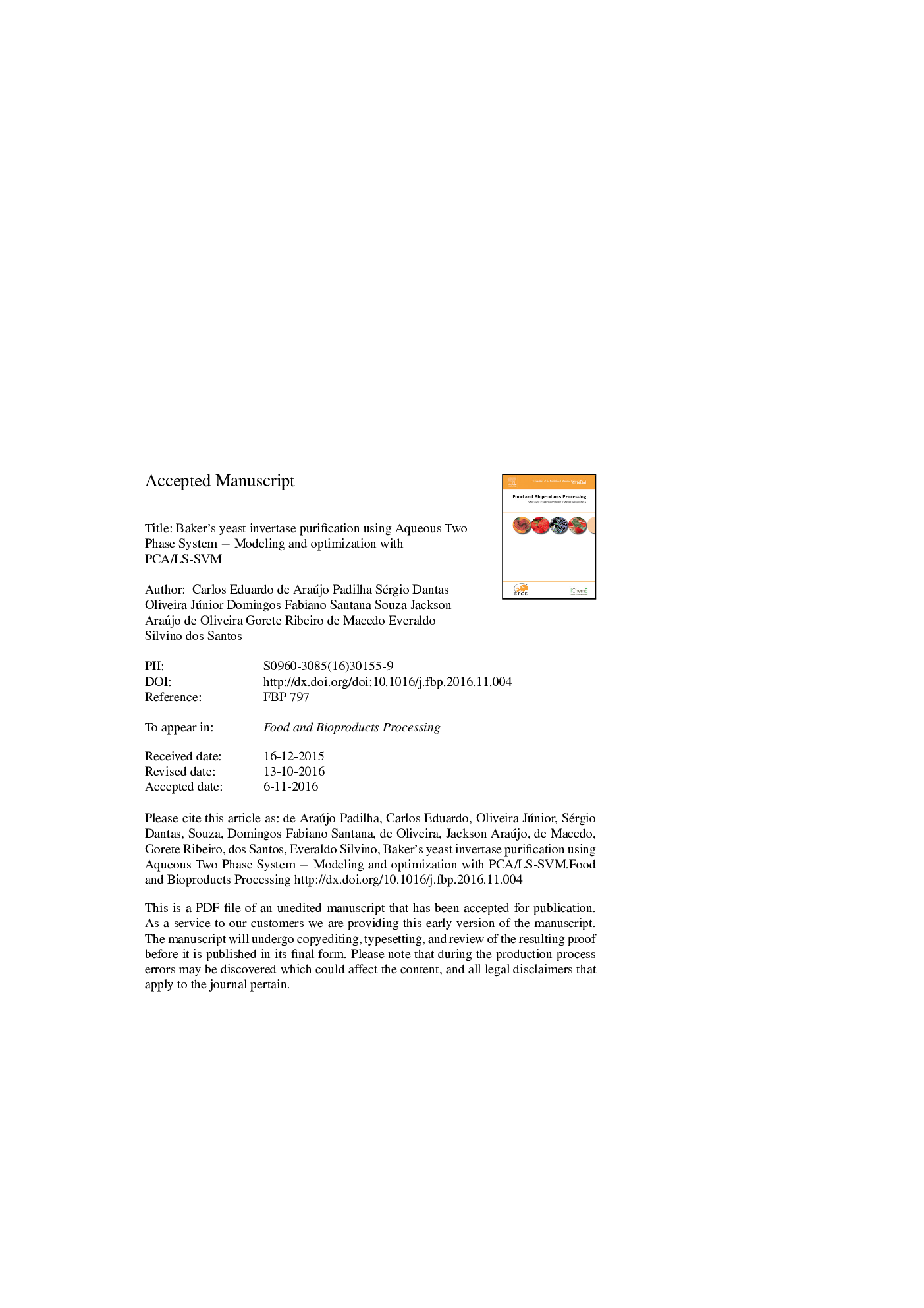 عکس صفحه اول مقاله: Baker's yeast invertase purification using Aqueous Two Phase System-Modeling and optimization with PCA/LS-SVM Baker's yeast invertase purification using Aqueous Two Phase System-Modeling and optimization with PCA/LS-SVM