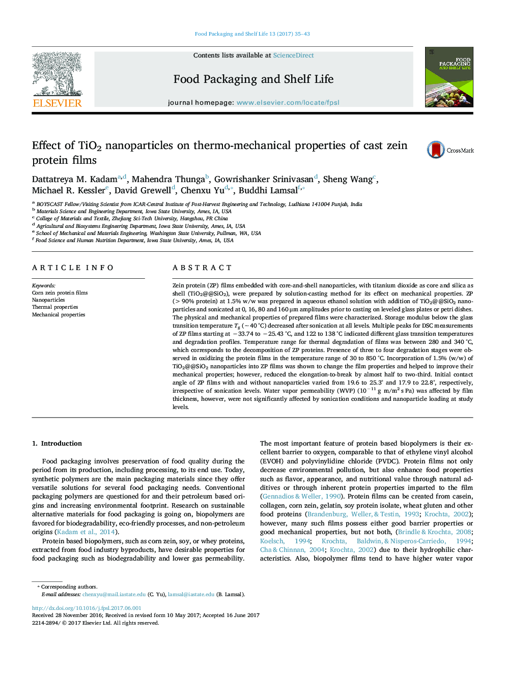 Effect of TiO2 nanoparticles on thermo-mechanical properties of cast zein protein films