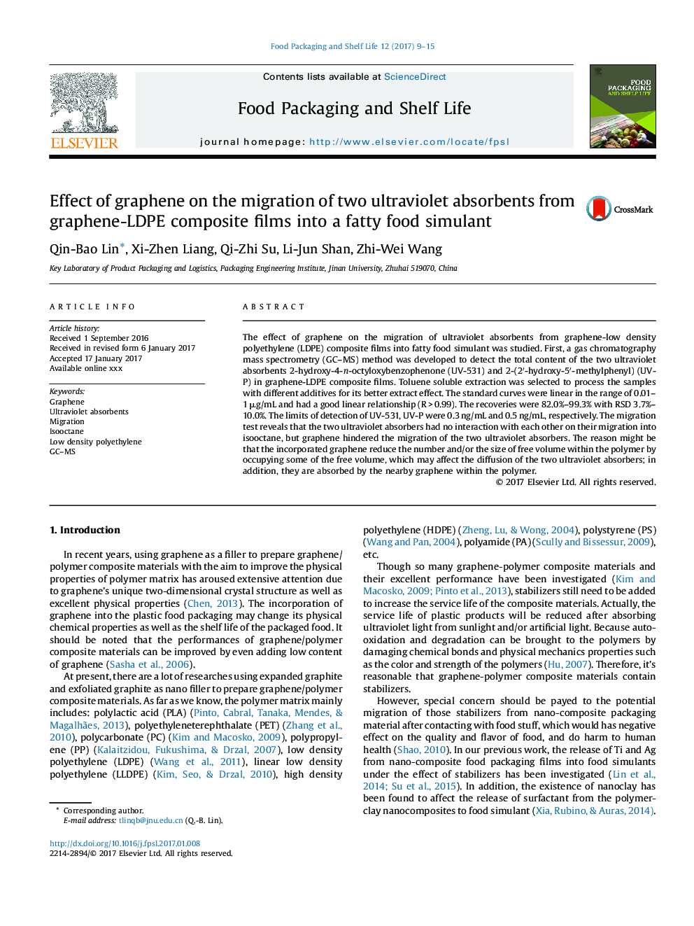 Effect of graphene on the migration of two ultraviolet absorbents from graphene-LDPE composite films into a fatty food simulant