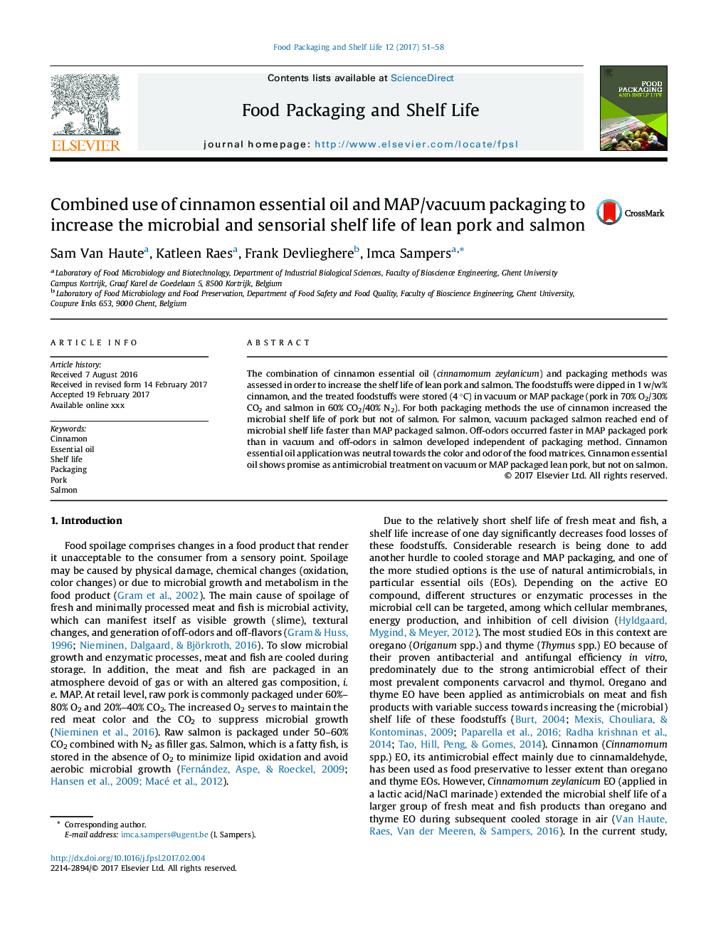 Combined use of cinnamon essential oil and MAP/vacuum packaging to increase the microbial and sensorial shelf life of lean pork and salmon