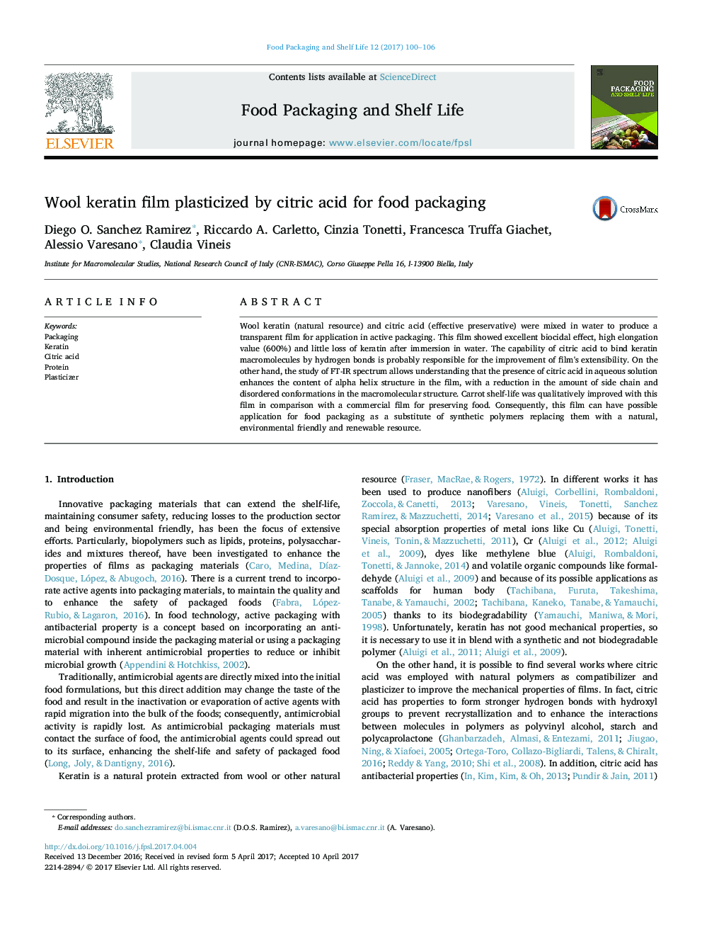 Wool keratin film plasticized by citric acid for food packaging