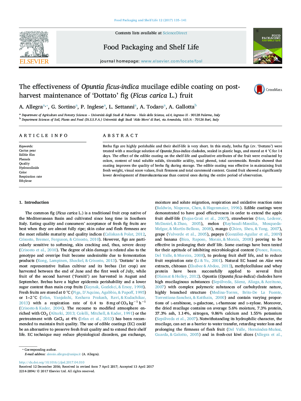 The effectiveness of Opuntia ficus-indica mucilage edible coating on post-harvest maintenance of 'Dottato' fig (Ficus carica L.) fruit