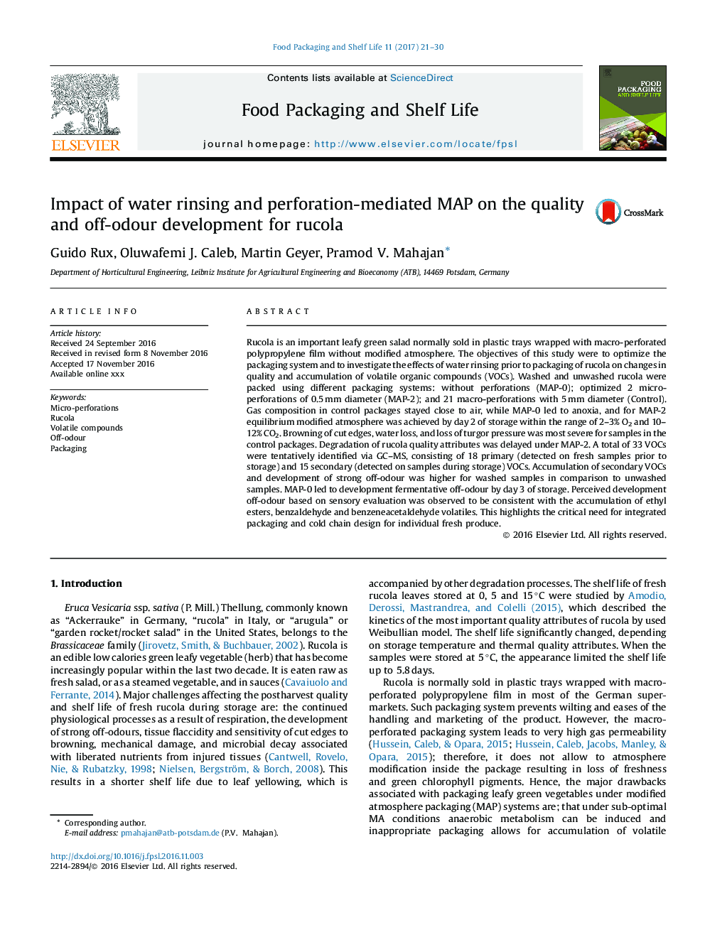 Impact of water rinsing and perforation-mediated MAP on the quality and off-odour development for rucola