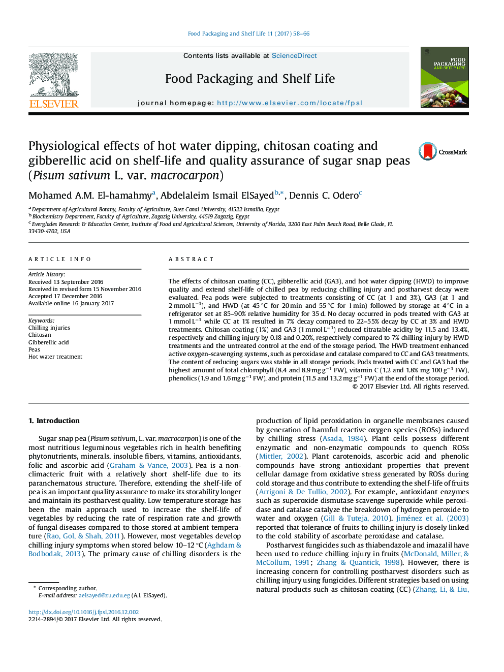 Physiological effects of hot water dipping, chitosan coating and gibberellic acid on shelf-life and quality assurance of sugar snap peas (Pisum sativum L. var. macrocarpon)