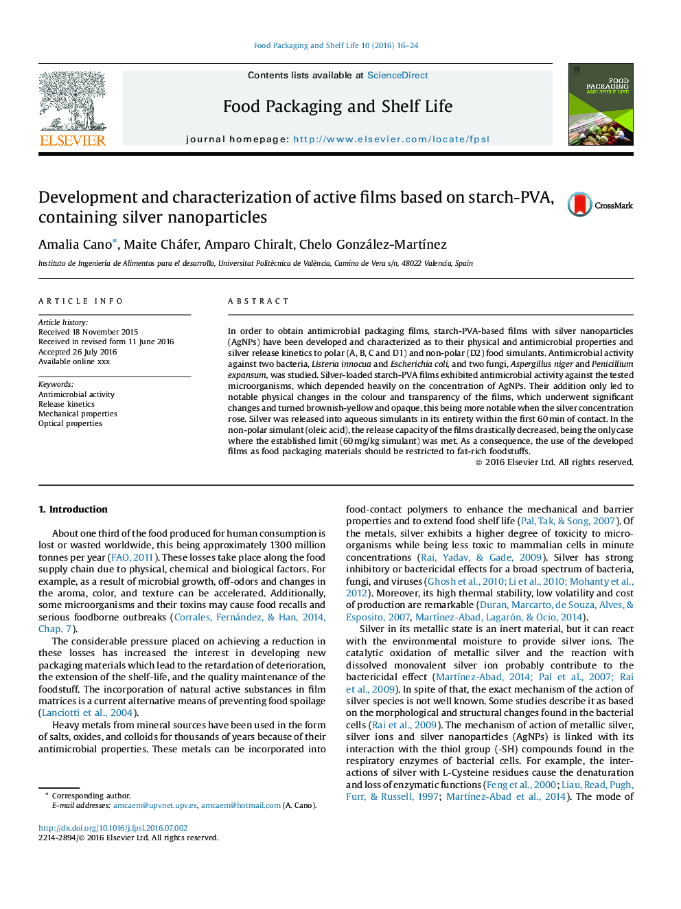 Development and characterization of active films based on starch-PVA, containing silver nanoparticles