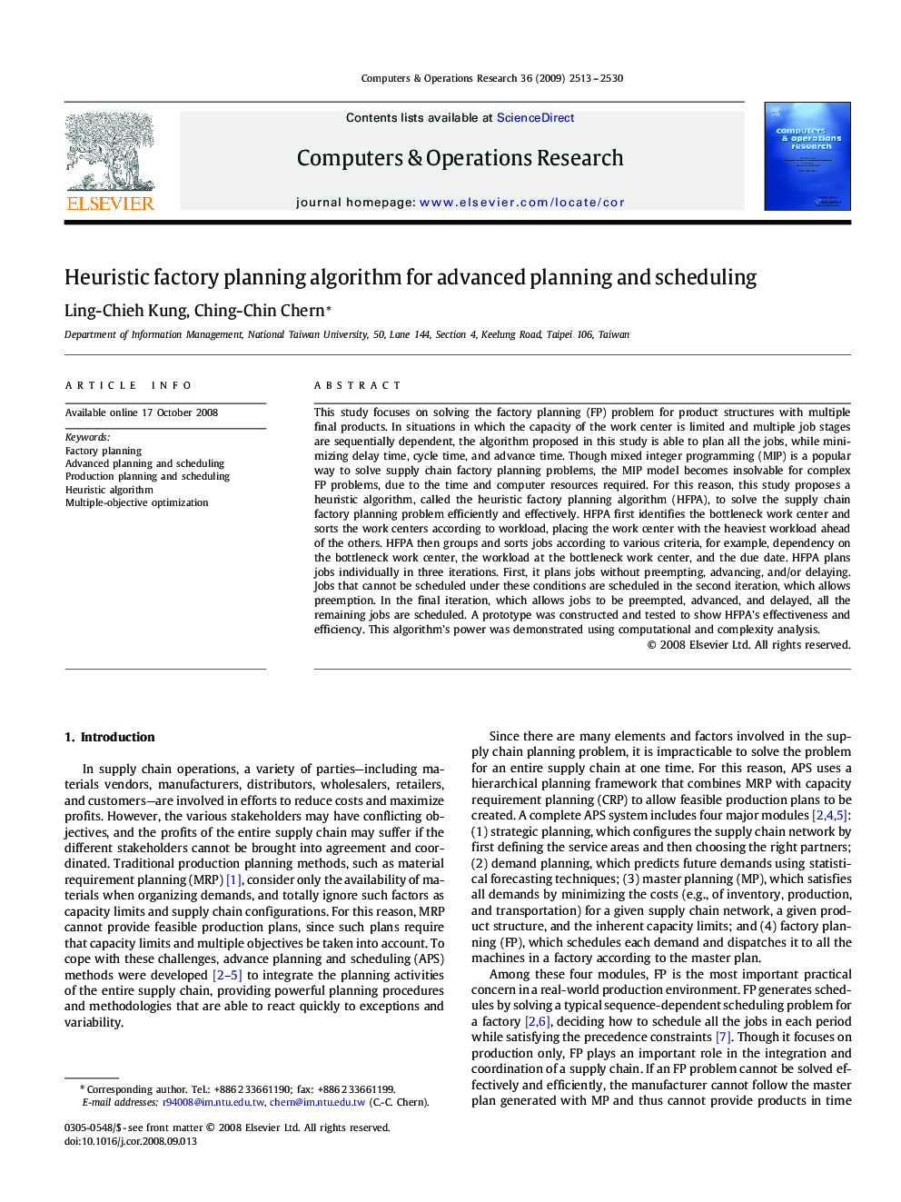 Heuristic factory planning algorithm for advanced planning and scheduling