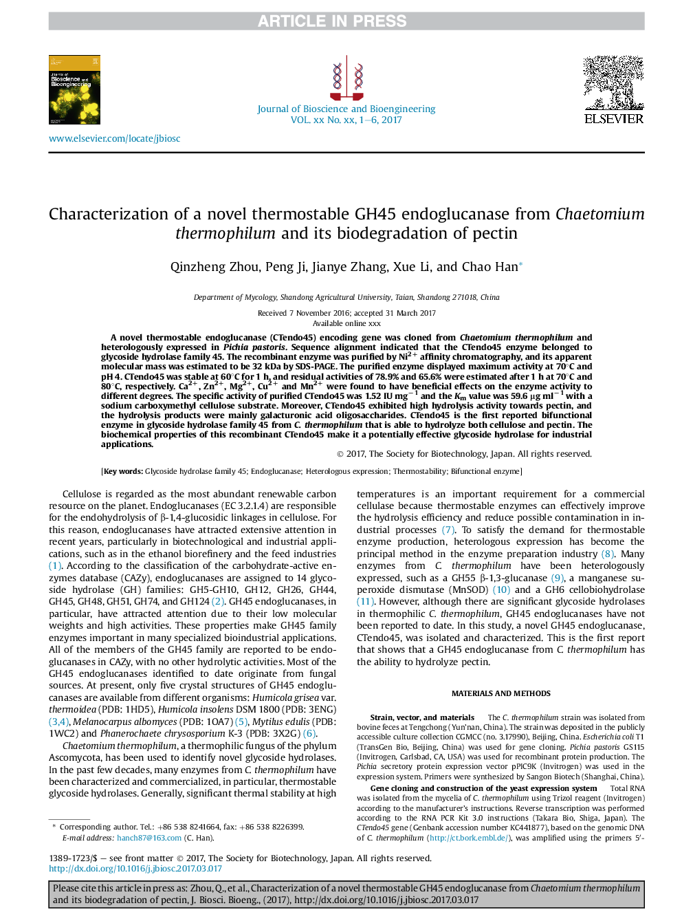 Characterization of a novel thermostable GH45 endoglucanase from Chaetomium thermophilum and its biodegradation of pectin