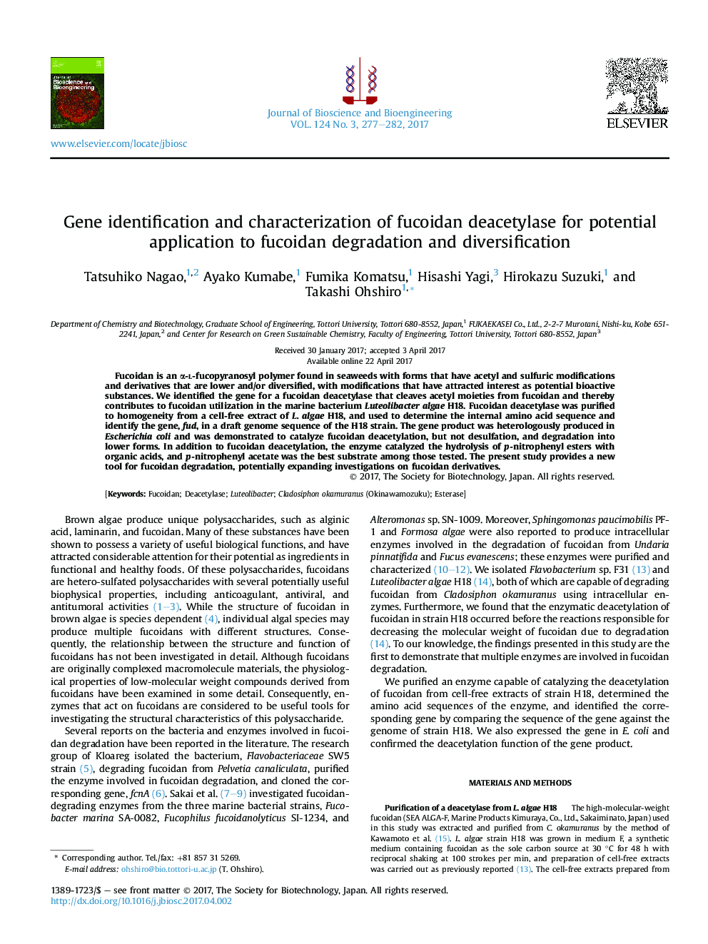 Gene identification and characterization of fucoidan deacetylase for potential application to fucoidan degradation and diversification