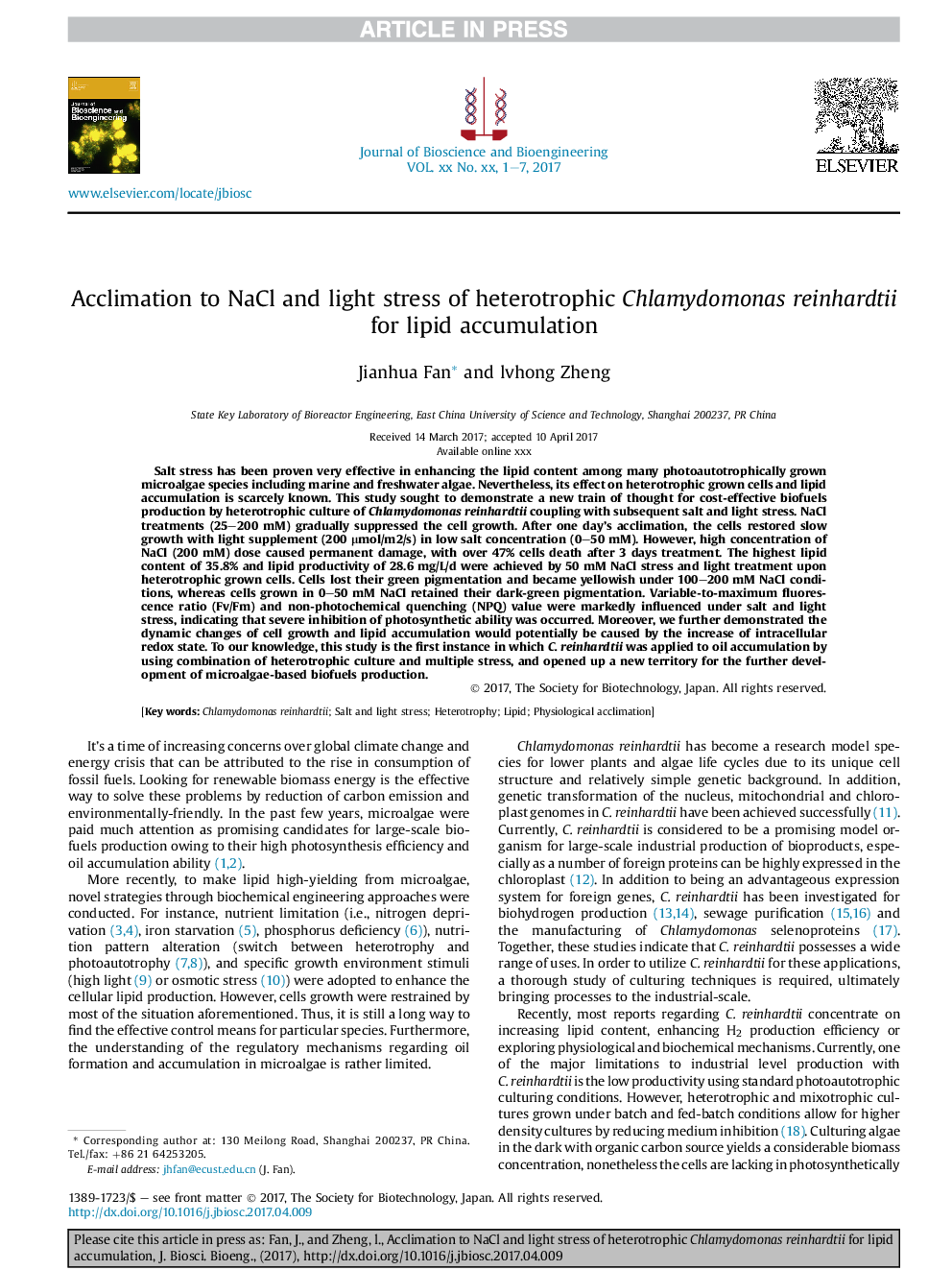 Acclimation to NaCl and light stress of heterotrophic Chlamydomonas reinhardtii for lipid accumulation