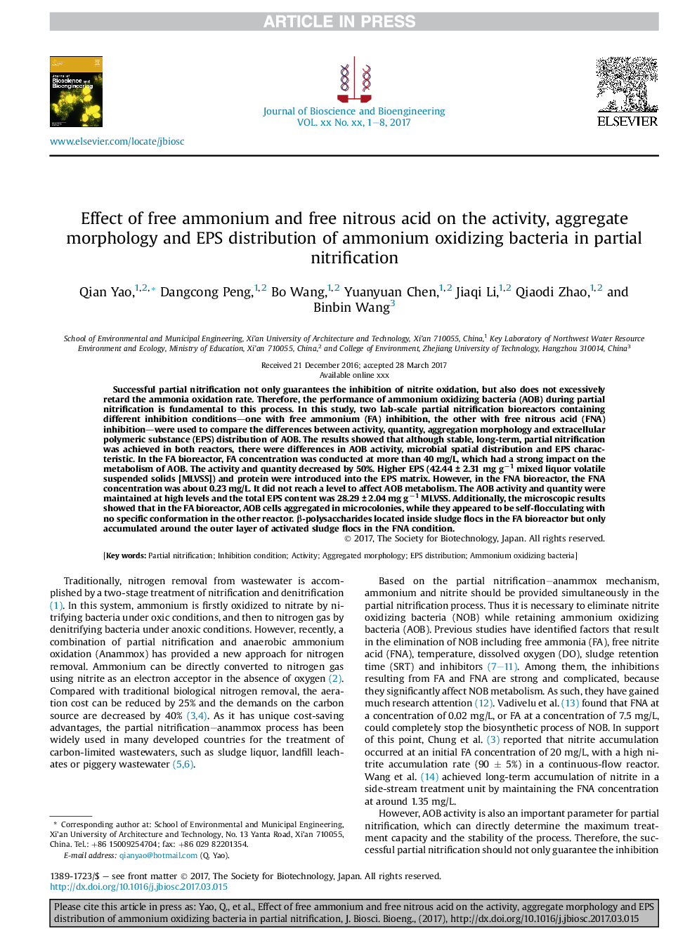 Effect of free ammonium and free nitrous acid on the activity, aggregate morphology and extracellular polymeric substance distribution of ammonium oxidizing bacteria in partial nitrification