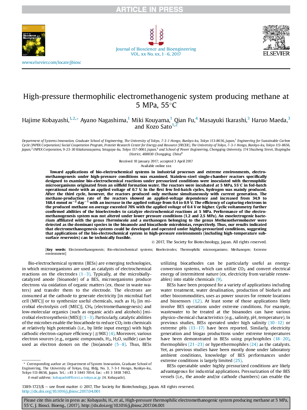 High-pressure thermophilic electromethanogenic system producing methane at 5Â MPa, 55Â°C