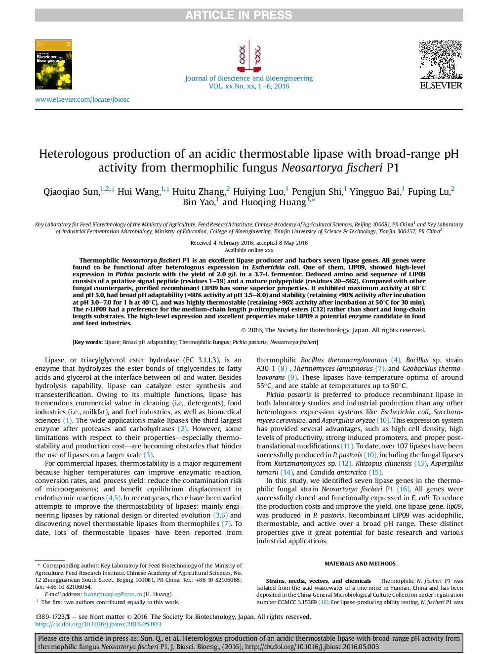 Heterologous production of an acidic thermostable lipase with broad-range pH activity from thermophilic fungus Neosartorya fischeri P1