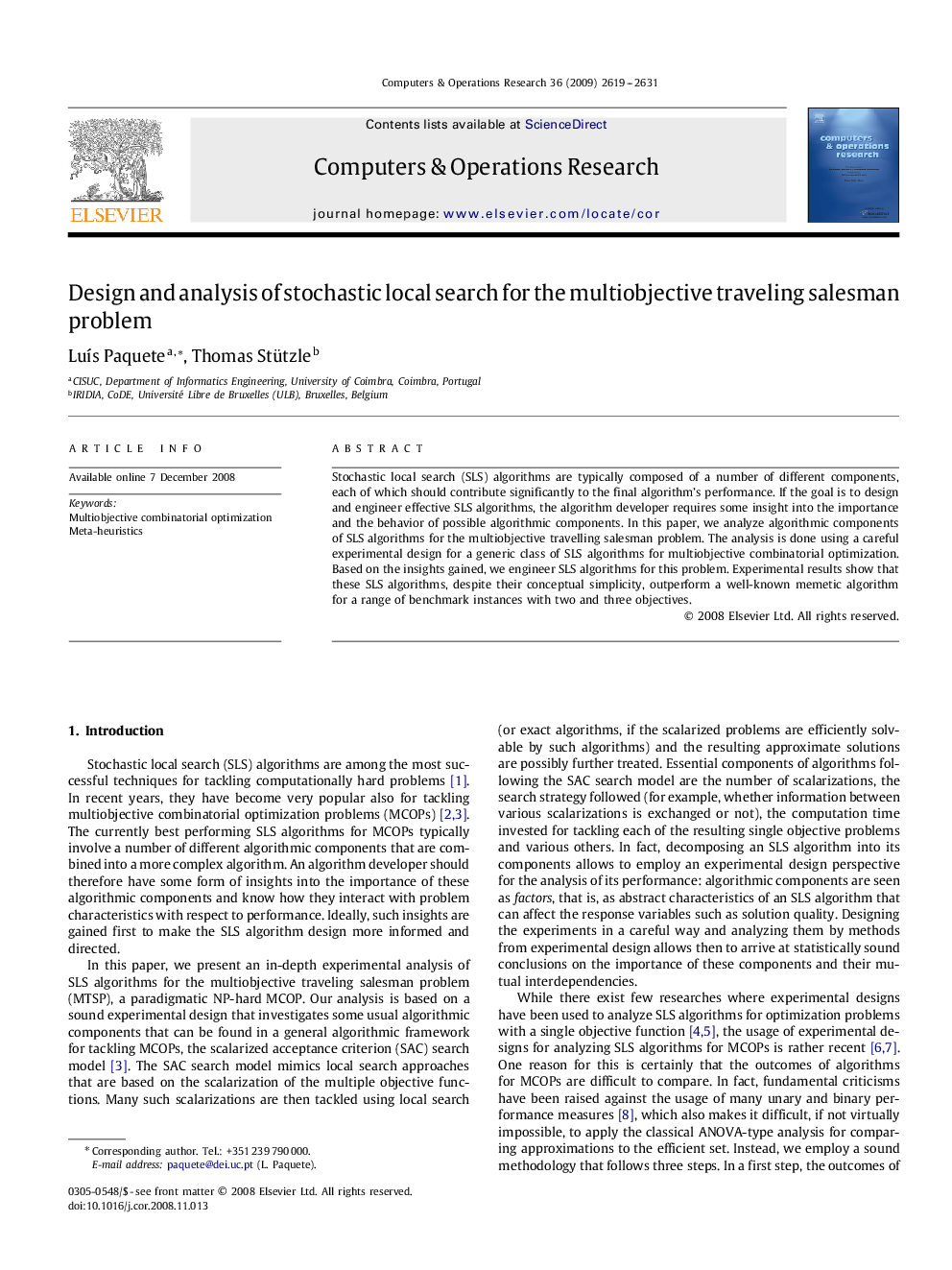 Design and analysis of stochastic local search for the multiobjective traveling salesman problem