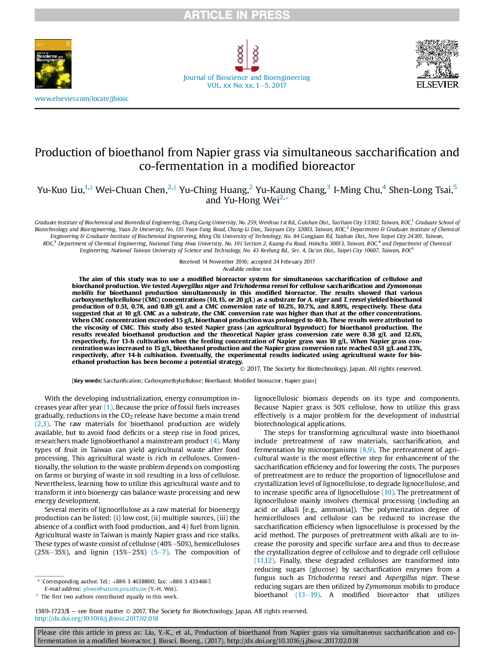 Production of bioethanol from Napier grass via simultaneous saccharification and co-fermentation in a modified bioreactor