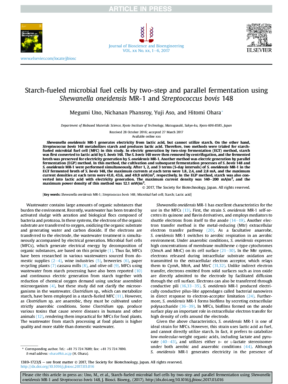 Starch-fueled microbial fuel cells by two-step and parallel fermentation using Shewanella oneidensis MR-1 and Streptococcus bovis 148