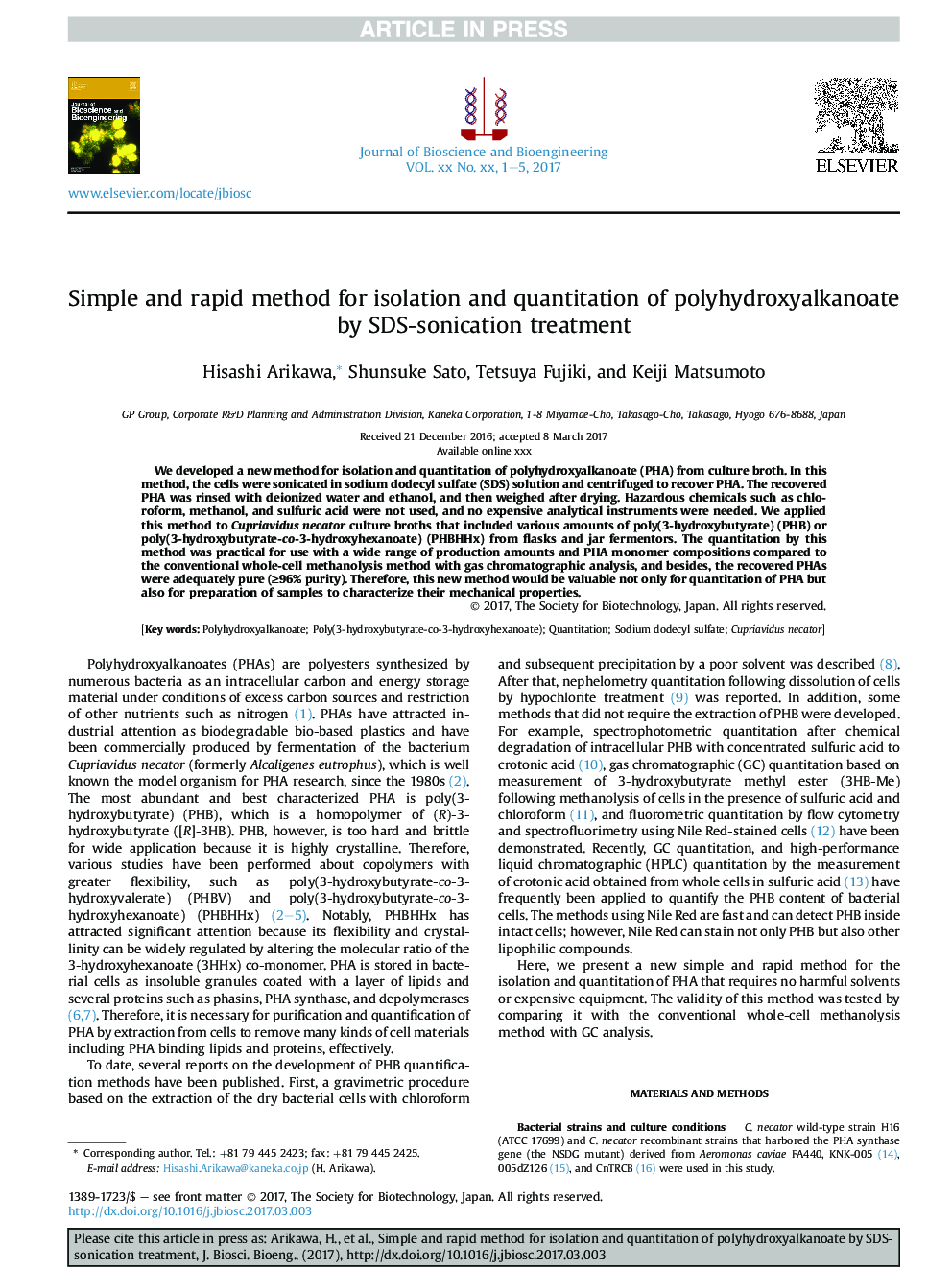 Simple and rapid method for isolation and quantitation of polyhydroxyalkanoate by SDS-sonication treatment