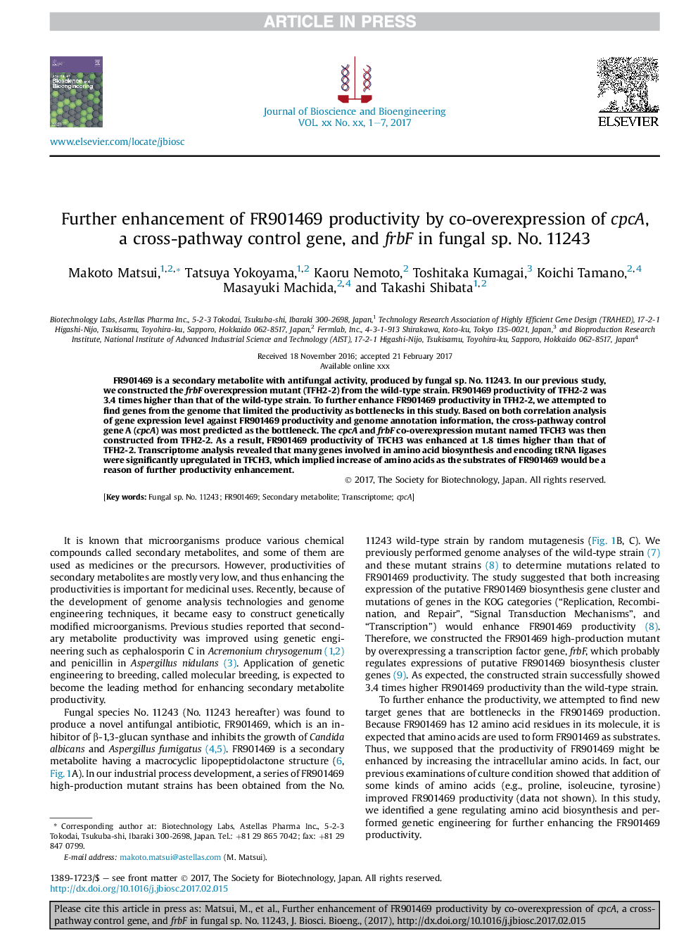 Further enhancement of FR901469 productivity by co-overexpression of cpcA, aÂ cross-pathway control gene, and frbF in fungal sp. No. 11243