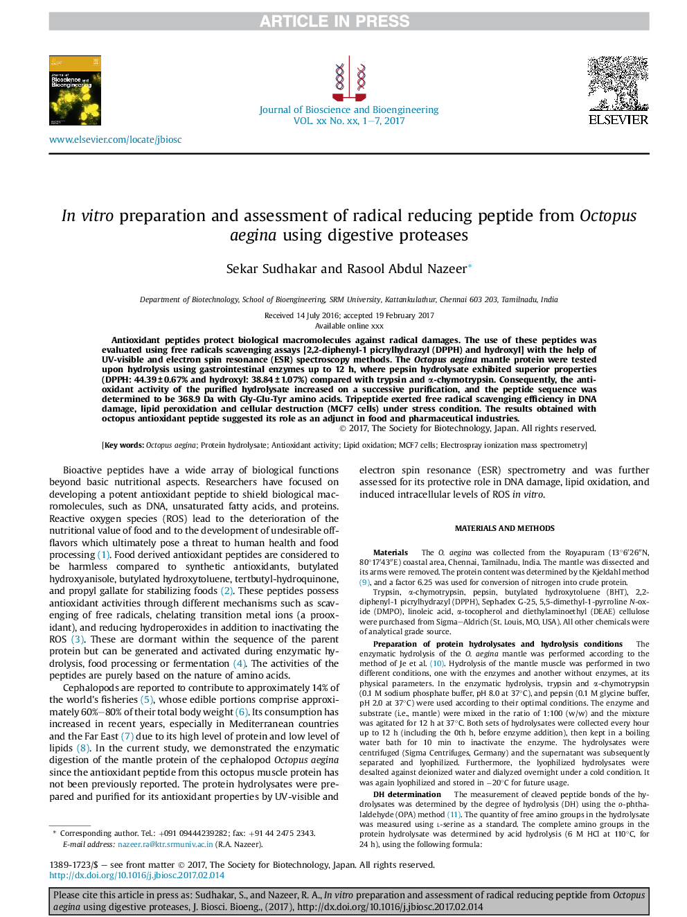 InÂ vitro preparation and assessment of radical reducing peptide from Octopus aegina using digestive proteases