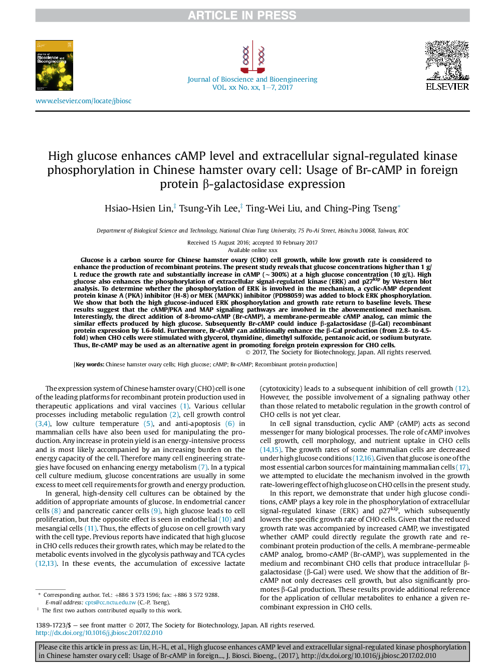 High glucose enhances cAMP level and extracellular signal-regulated kinase phosphorylation in Chinese hamster ovary cell: Usage of Br-cAMP in foreign protein Î²-galactosidase expression