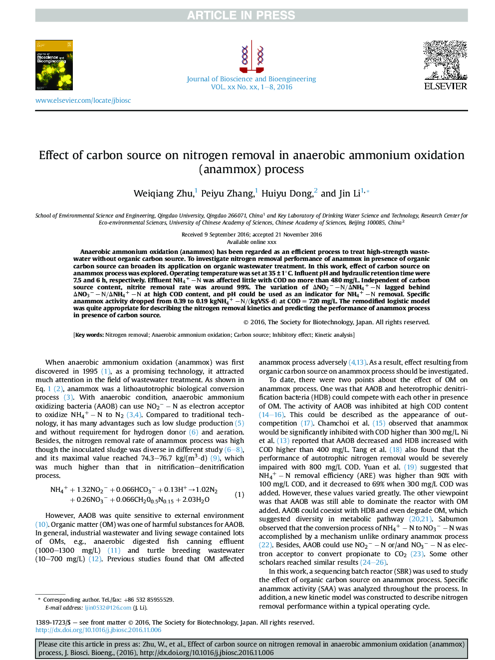 Effect of carbon source on nitrogen removal in anaerobic ammonium oxidation (anammox) process