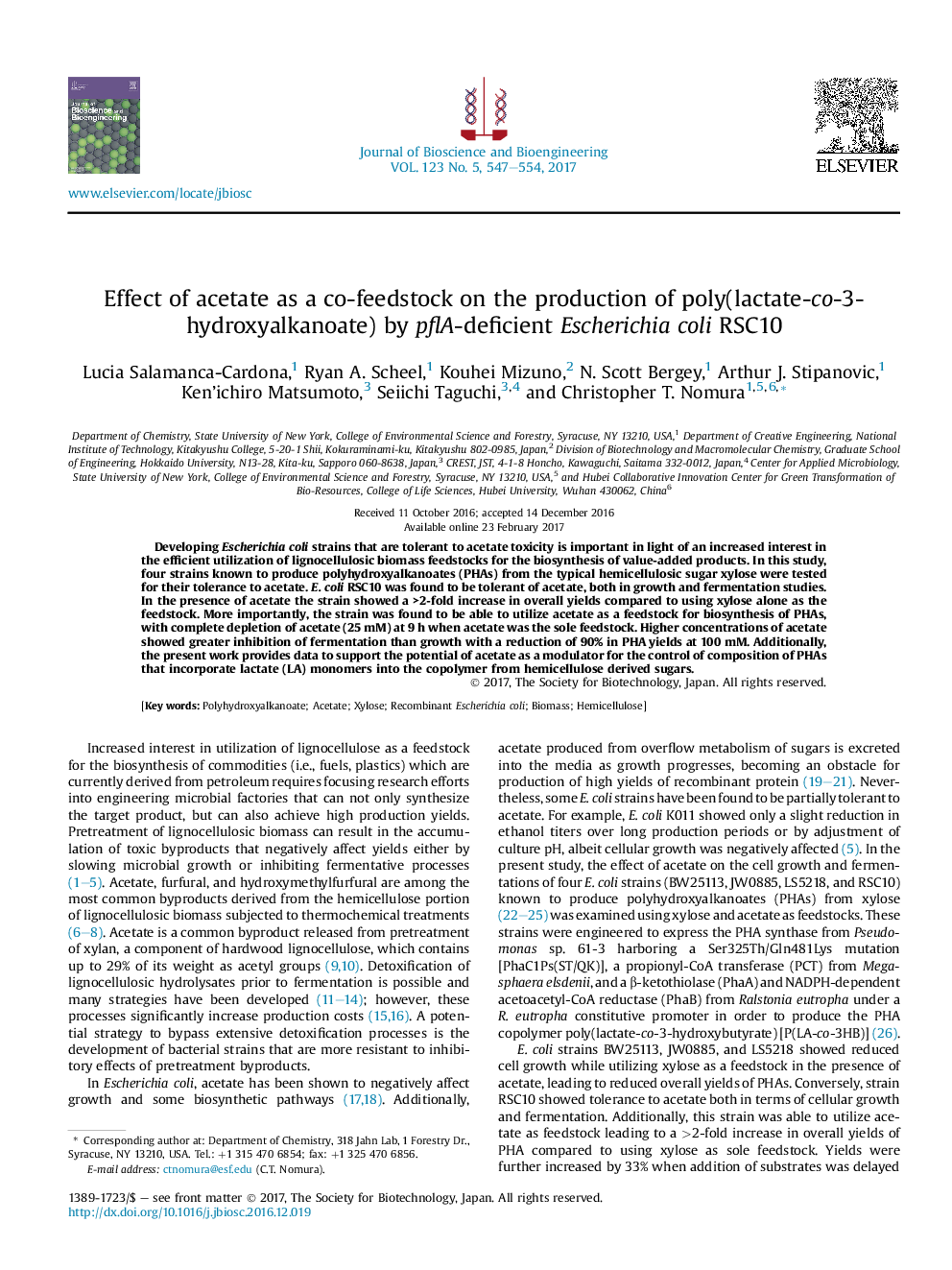 Effect of acetate as a co-feedstock on the production of poly(lactate-co-3-hydroxyalkanoate) by pflA-deficient Escherichia coli RSC10