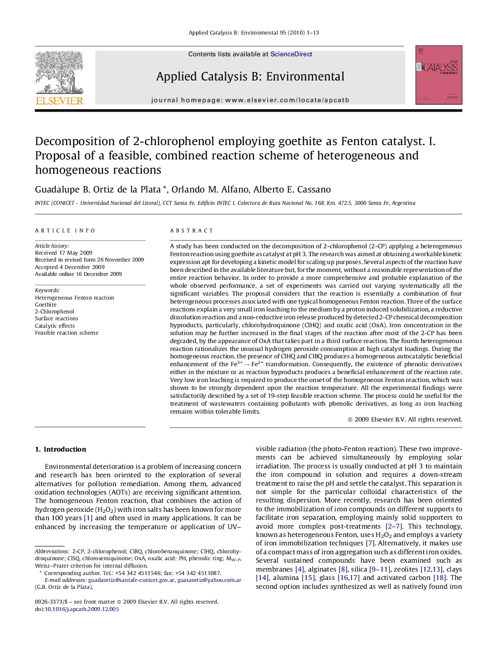 Decomposition of 2-chlorophenol employing goethite as Fenton catalyst. I. Proposal of a feasible, combined reaction scheme of heterogeneous and homogeneous reactions