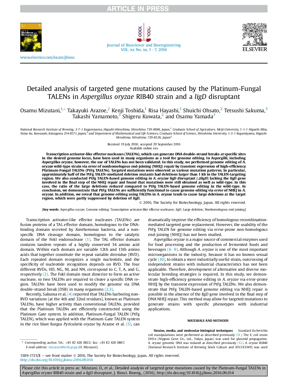 Detailed analysis of targeted gene mutations caused by the Platinum-Fungal TALENs in Aspergillus oryzae RIB40 strain and a ligD disruptant