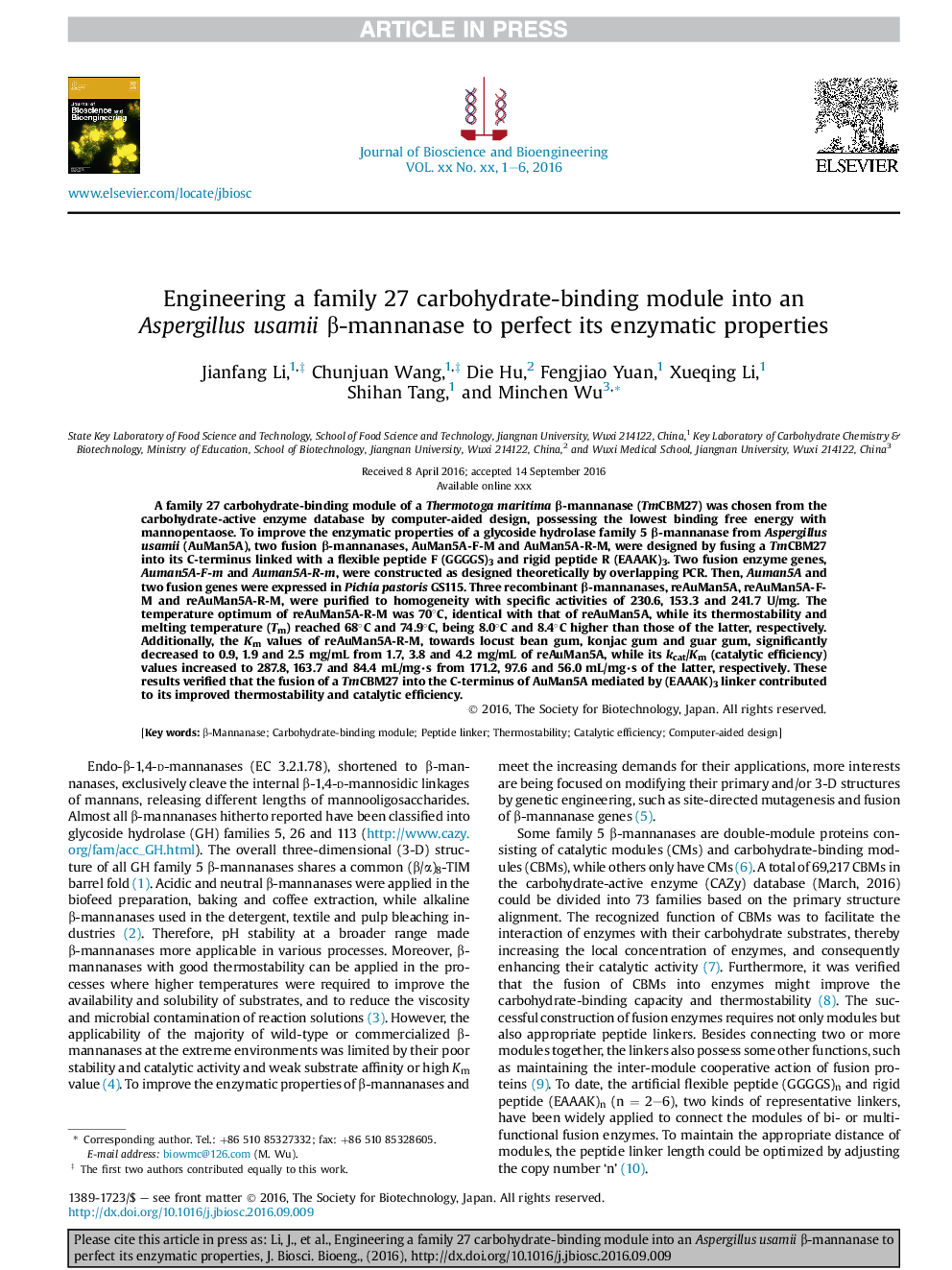 Engineering a family 27 carbohydrate-binding module into an Aspergillus usamii Î²-mannanase to perfect its enzymatic properties