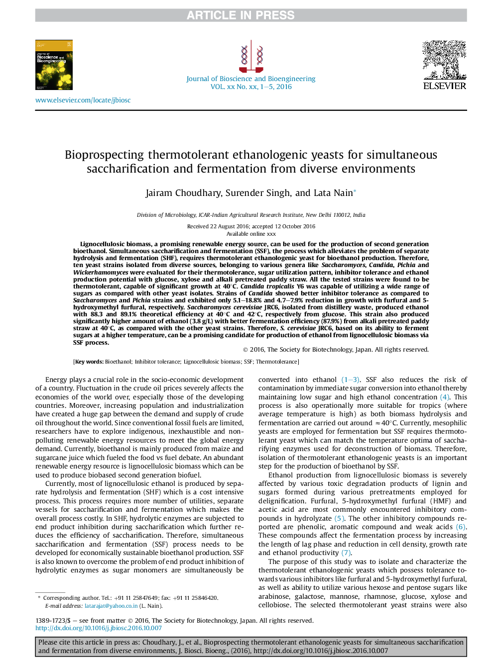 Bioprospecting thermotolerant ethanologenic yeasts for simultaneous saccharification and fermentation from diverse environments