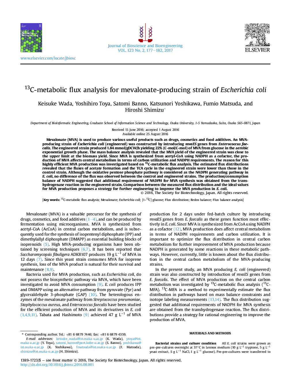 13C-metabolic flux analysis for mevalonate-producing strain of Escherichia coli