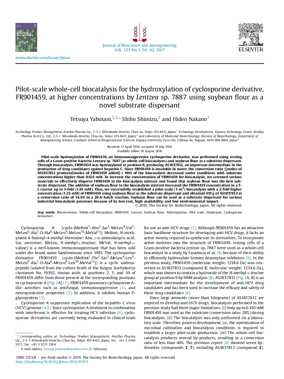 Pilot-scale whole-cell biocatalysis for the hydroxylation of cyclosporine derivative, FR901459, at higher concentrations by Lentzea sp. 7887 using soybean flour as a novel substrate dispersant