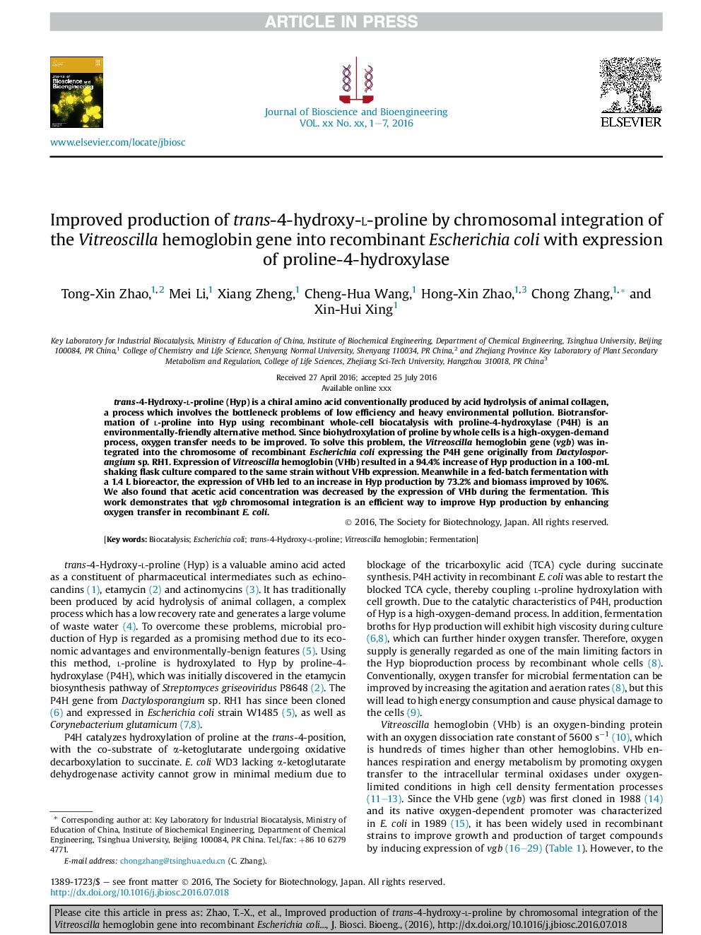 Improved production of trans-4-hydroxy-l-proline by chromosomal integration of the Vitreoscilla hemoglobin gene into recombinant Escherichia coli with expression of proline-4-hydroxylase