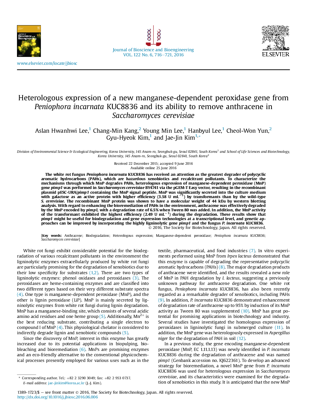 Heterologous expression of a new manganese-dependent peroxidase gene from Peniophora incarnata KUC8836 and its ability to remove anthracene in Saccharomyces cerevisiae