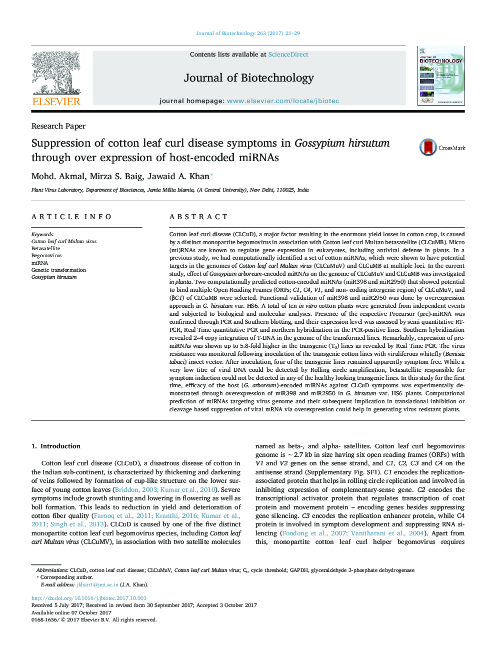 Research PaperSuppression of cotton leaf curl disease symptoms in Gossypium hirsutum through over expression of host-encoded miRNAs