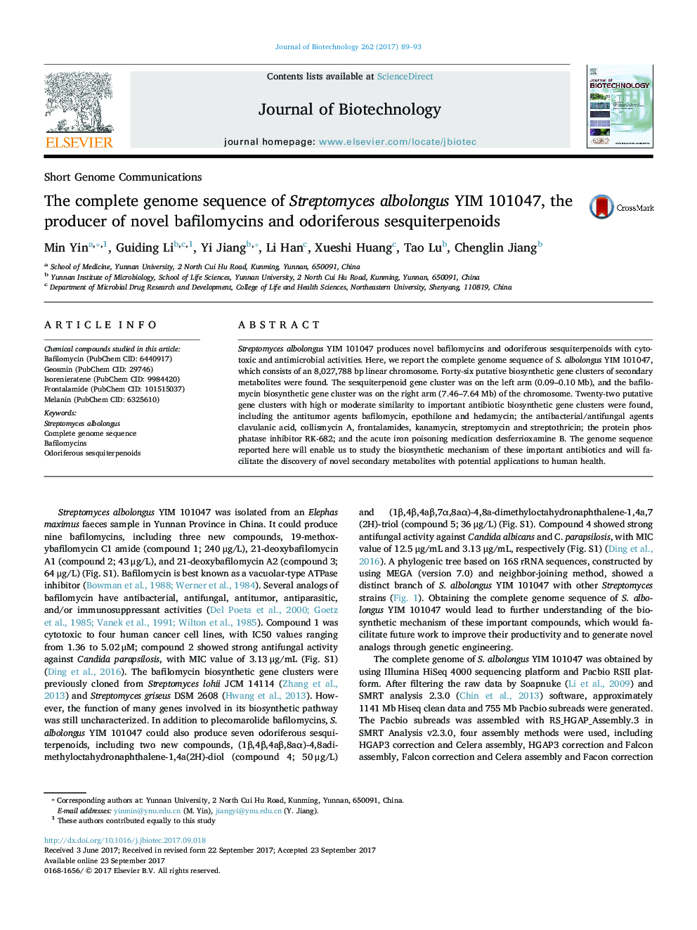 Short Genome CommunicationsThe complete genome sequence of Streptomyces albolongus YIM 101047, the producer of novel bafilomycins and odoriferous sesquiterpenoids