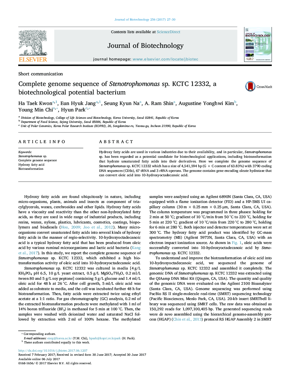 Short communicationComplete genome sequence of Stenotrophomonas sp. KCTC 12332, a biotechnological potential bacterium