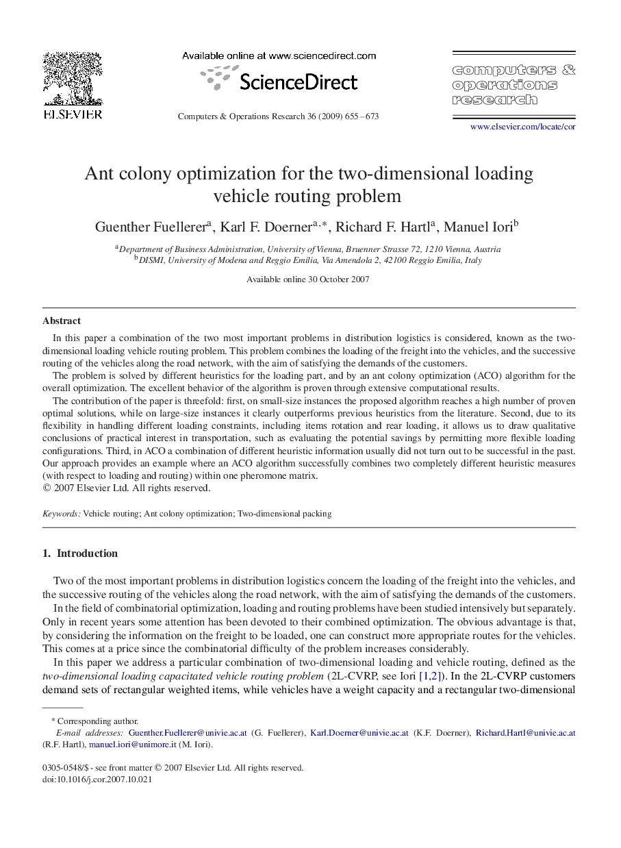 Ant colony optimization for the two-dimensional loading vehicle routing problem