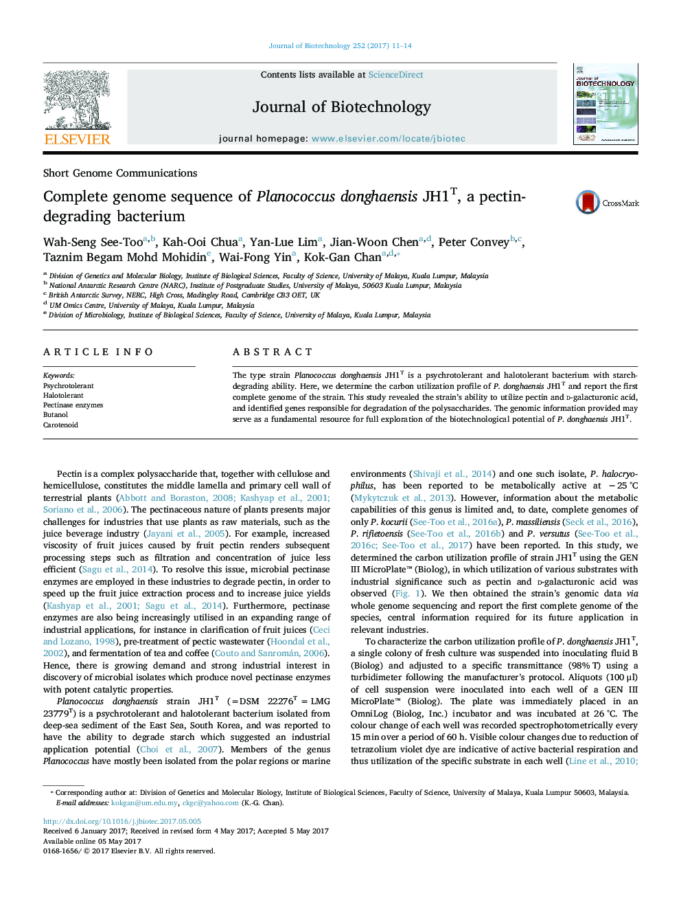 Short Genome CommunicationsComplete genome sequence of Planococcus donghaensis JH1T, a pectin-degrading bacterium