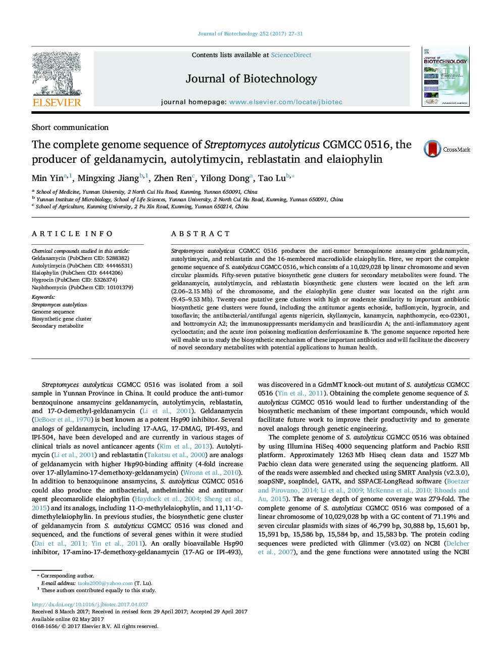 Short communicationThe complete genome sequence of Streptomyces autolyticus CGMCC 0516, the producer of geldanamycin, autolytimycin, reblastatin and elaiophylin