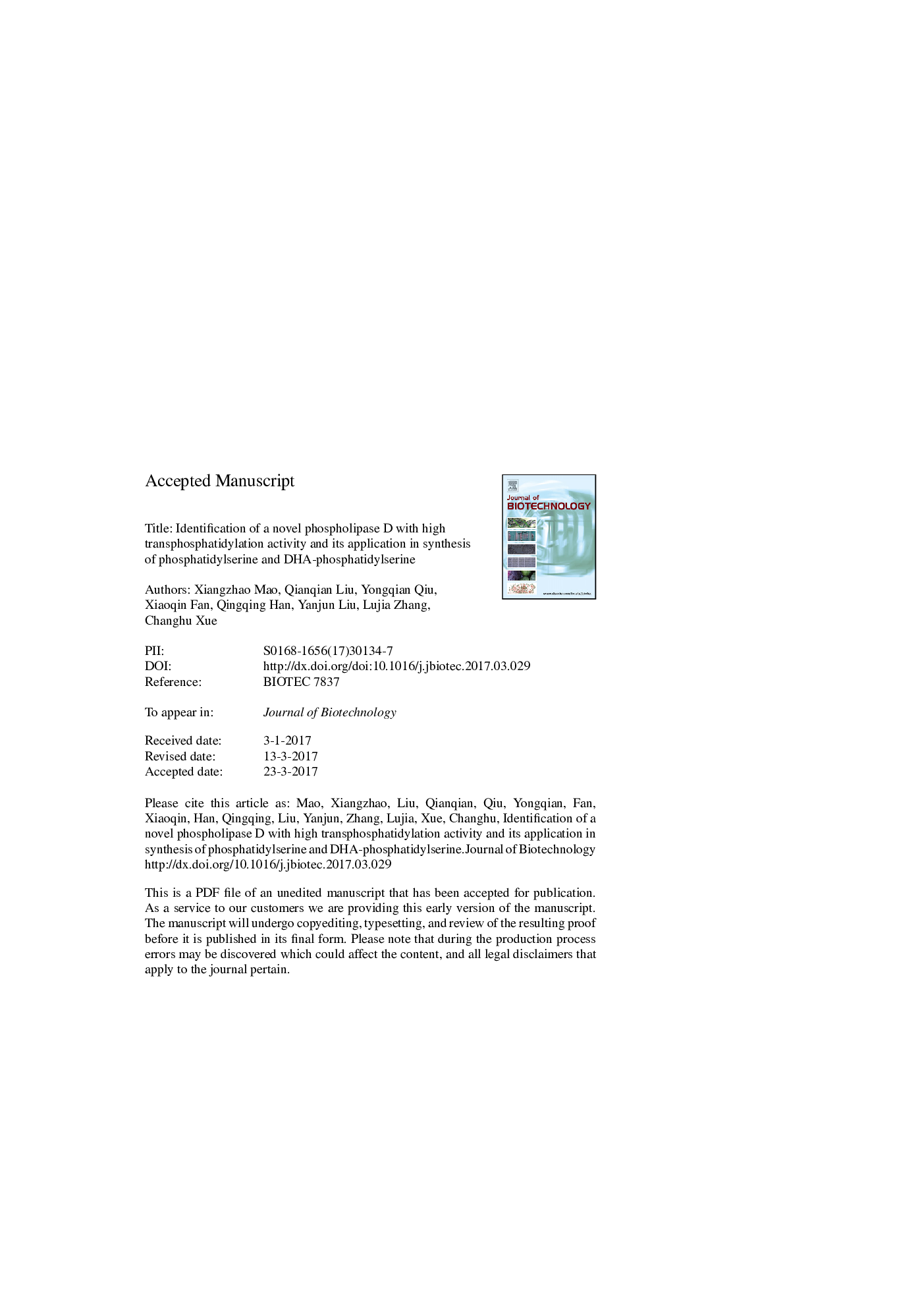 Identification of a novel phospholipase D with high transphosphatidylation activity and its application in synthesis of phosphatidylserine and DHA-phosphatidylserine