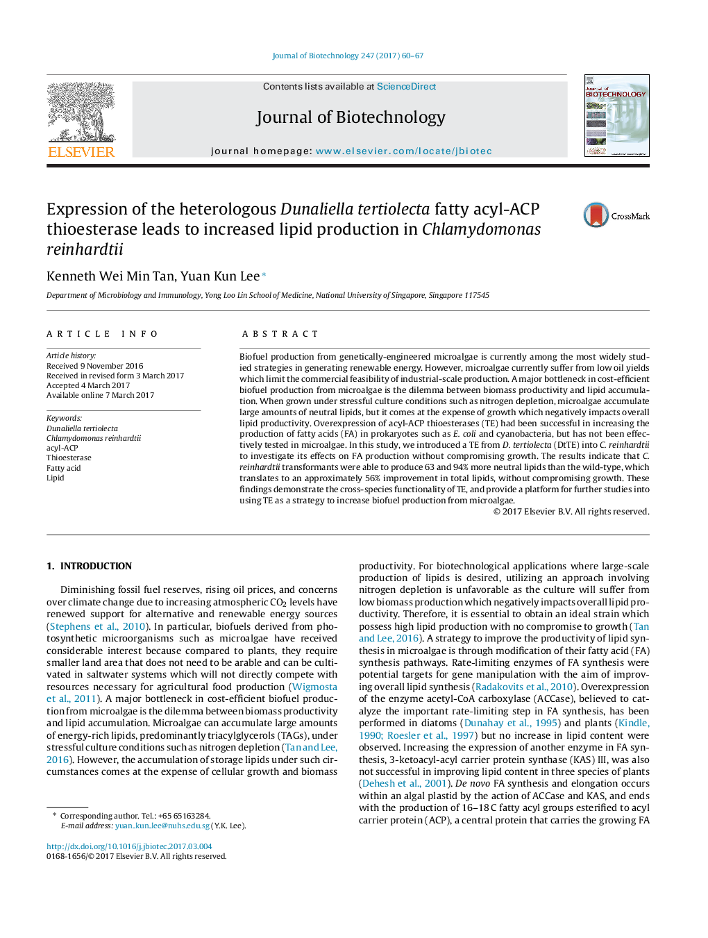 Expression of the heterologous Dunaliella tertiolecta fatty acyl-ACP thioesterase leads to increased lipid production in Chlamydomonas reinhardtii