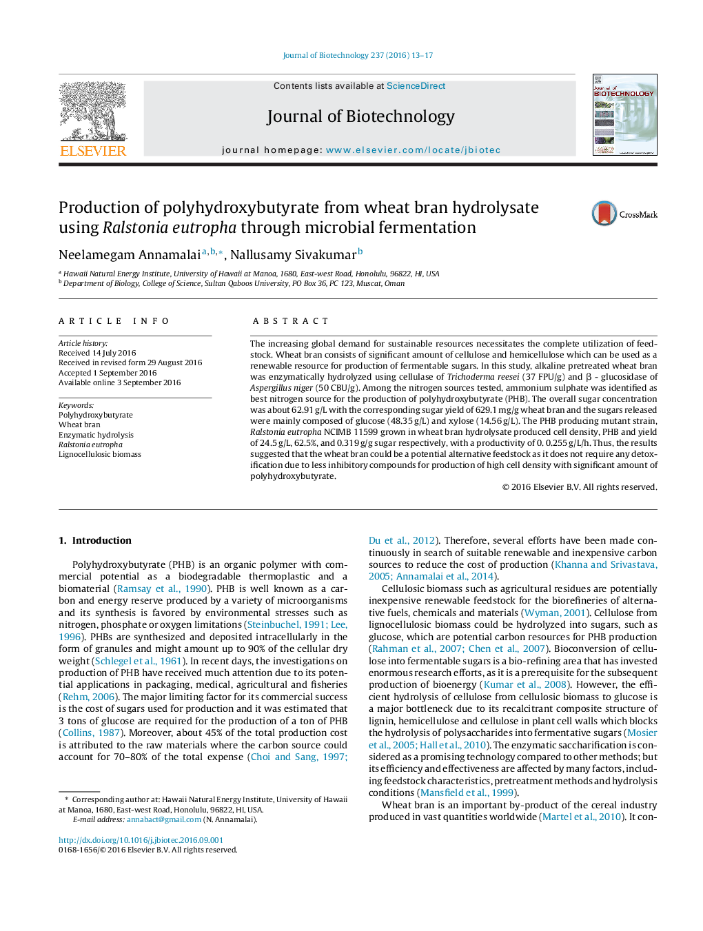 Production of polyhydroxybutyrate from wheat bran hydrolysate using Ralstonia eutropha through microbial fermentation