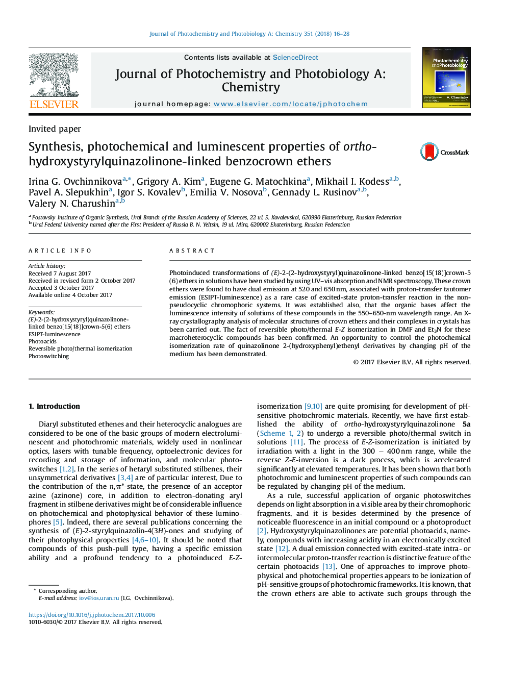 Synthesis, photochemical and luminescent properties of ortho-hydroxystyrylquinazolinone-linked benzocrown ethers