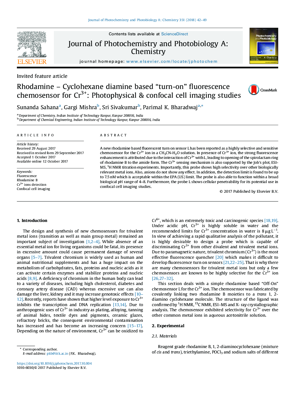 Rhodamine - Cyclohexane diamine based “turn-on” fluorescence chemosensor for Cr3+: Photophysical & confocal cell imaging studies