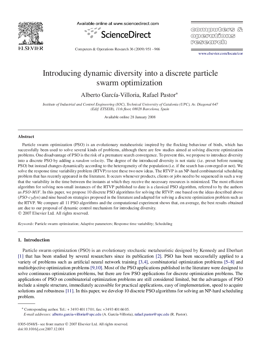 Introducing dynamic diversity into a discrete particle swarm optimization