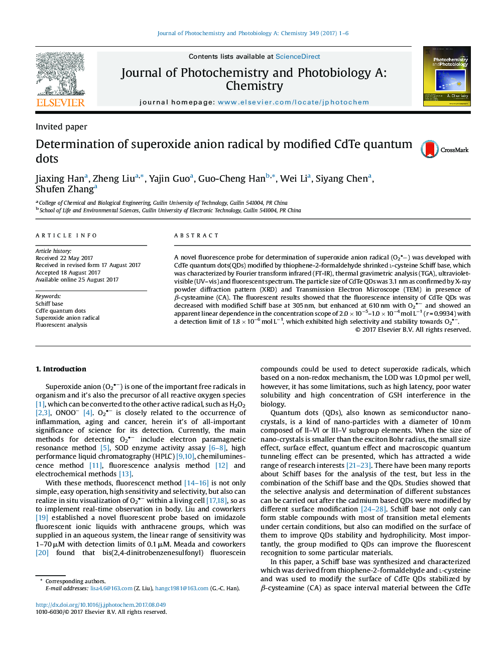 Invited paperDetermination of superoxide anion radical by modified CdTe quantum dots